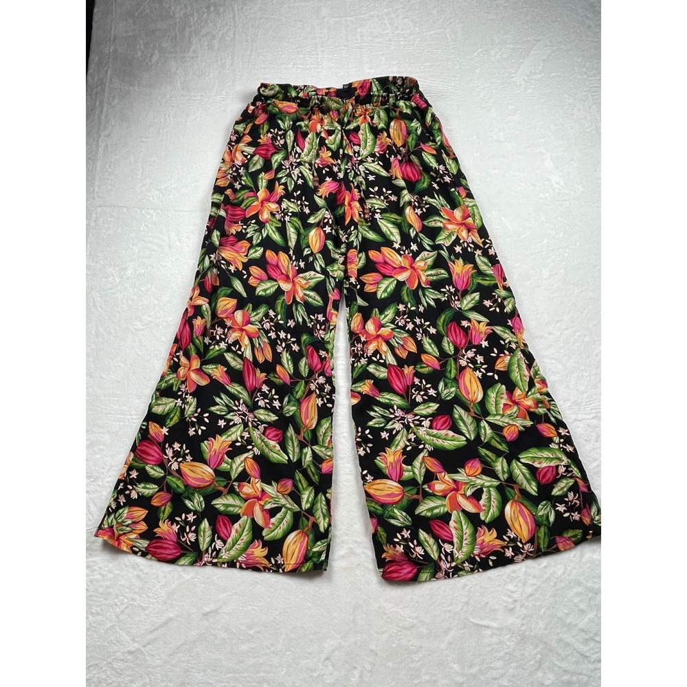 Nicole Miller New York Womens Black Tropical Floral Rayon Wide Leg Pants Small